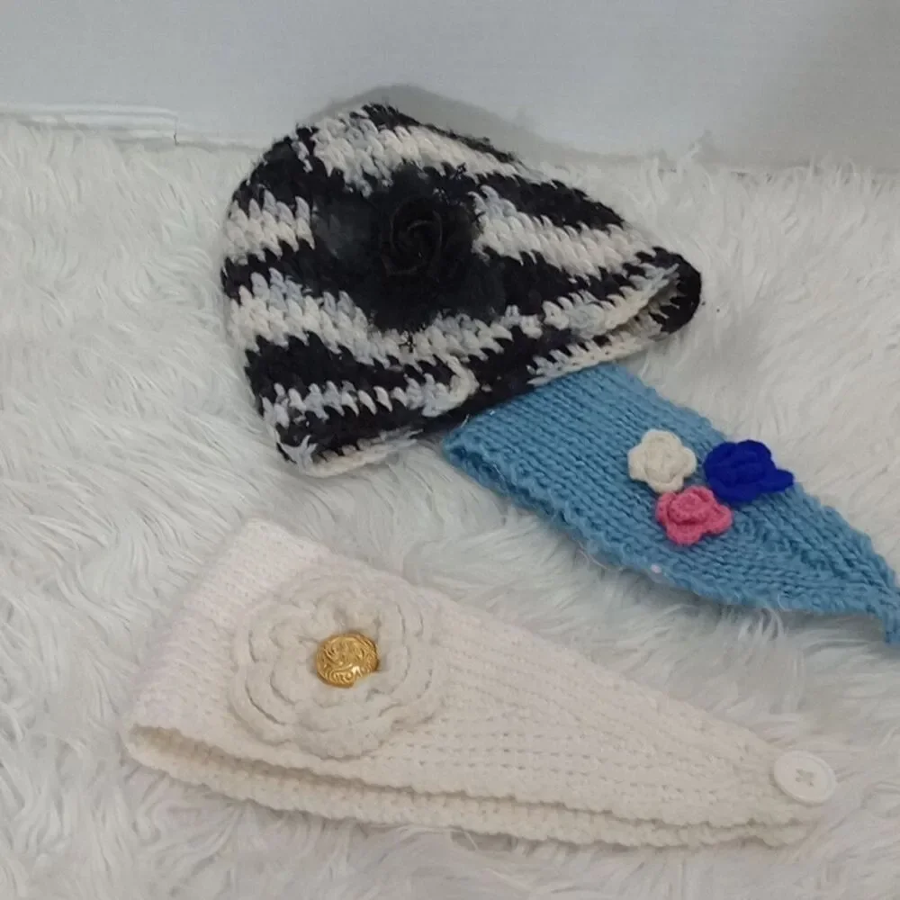 Winter girl bundle black/white hat and blue white  headbands